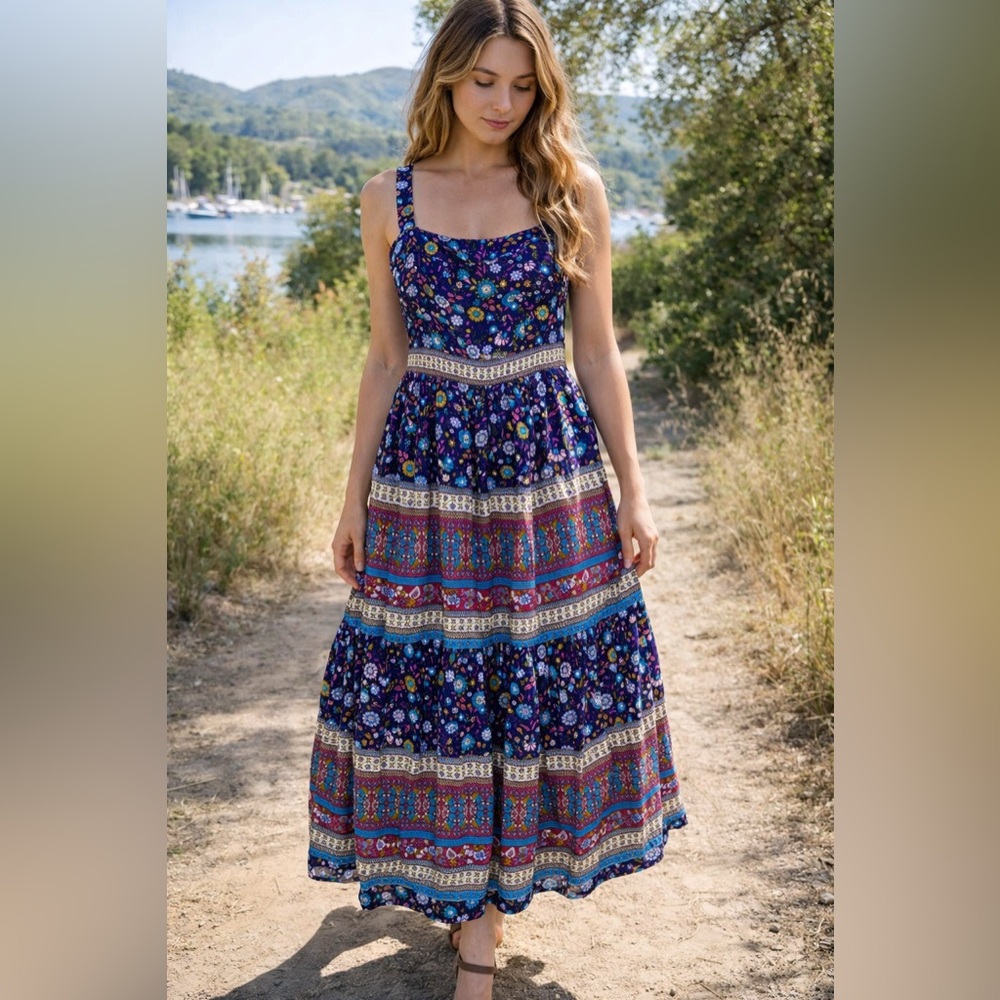 Umgee Navy Floral Tiered Midi Dress